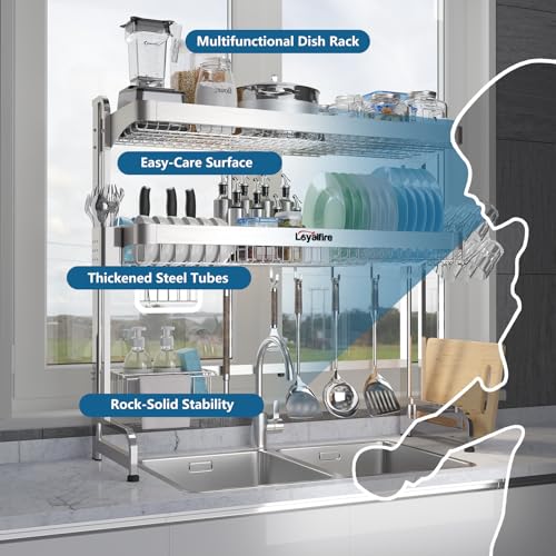 Loyalfire Over Sink Dish Drying Rack, 3 Tier Adjustable Length (20.87'' to 37.6'') Full Stainless Steel Large Storage Kitchen Dish Rack, Expandable Drainer Shelf Rack with Multifunctional Organizers - color: Silver