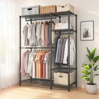 Heavy Duty Garment Rack with Shelves, Black | Heavy Duty Clothes Rack with 3 Hanging Rods & 6 Shelves, Freestanding Adjustable Garment Rack for Bedroom - size: 44.88''W×17.13D''×76.38''H
