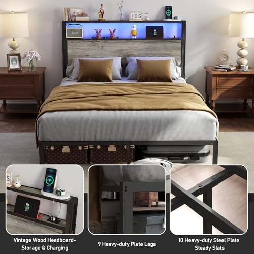 RVONOW Queen Size Bed Frame with 2-Tier Storage Headboard, Rustic Grey | Wooden headboard with LED lights, built-in charging station, No Box Spring Needed, Noise Free, Easy Assembly, Modern Bedroom - color: Rustic Grey, size: Queen