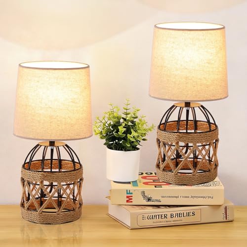 2 Pack Boho Rattan Table Lamps for Bedroom,Small Bedside Nightstand Lamp with Metal Cage Base Linen Shade,Farmhouse Coastal Rustic Living Room Bedroom Decor - size: 2 Pack