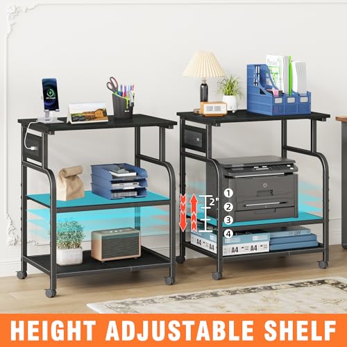 YAOHUOO 3 Tier Large Printer Stand with Power Outlet/Adjustable Shelf | 22"x15" Large Top,Fit 2-3 printers,Rolling Cart with Wheels,Table for Home Office,Fit 3D Printer/Heat Press/Laser,Black - color: Black, size: 22"×15"