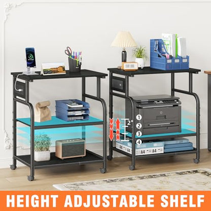 YAOHUOO 3 Tier Large Printer Stand with Power Outlet/Adjustable Shelf | 22"x15" Large Top,Fit 2-3 printers,Rolling Cart with Wheels,Table for Home Office,Fit 3D Printer/Heat Press/Laser,Black - color: Black, size: 22"×15"