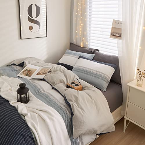 LifeTB 100% Cotton Boy Stripe Duvet Cover Twin White Blue Gray Stripe Comforter Cover Modern Soft Geometric Stripe Bedding Set Simple Style Men Adults Duvet Quilt Cover with 2 Pillowcases - color: A3# Modern Stripe, size: Twin(68"x86")