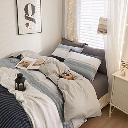 LifeTB 100% Cotton Boy Stripe Duvet Cover Twin White Blue Gray Stripe Comforter Cover Modern Soft Geometric Stripe Bedding Set Simple Style Men Adults Duvet Quilt Cover with 2 Pillowcases - color: A3# Modern Stripe, size: Twin(68"x86")