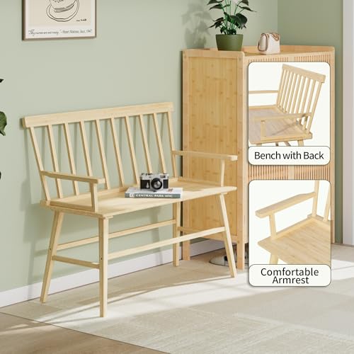 APRTAT Bamboo Entryway Bench, Dining Bench with Spindle Back (Natural) | Natural Bamboo & H-Shaped Support, Spindle Back, Ideal for entryways, bedrooms, outdoor settings, Easy Assembly & Clean - color: Natural, style: With Arms