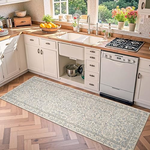 jinchan 2x5 Washable Hallway Runner Rug, Floral Non-Slip, Blue/Cream | Soft Low-Pile, Botanical Throw Carpet for Kitchen Entryway Laundry Room Bedroom - color: Blue/Cream, size: 2' x 5' (Rectangular)