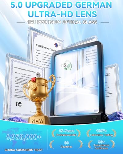 2026 Upgraded 12X Magnifying Glass with Light for Reading | 【Industry-Leading Ultra HD Lens】【Bright LED Full Page Magnifer】【Flex Silicone Neck Protection】Hands Free | Cross Stitch Craft