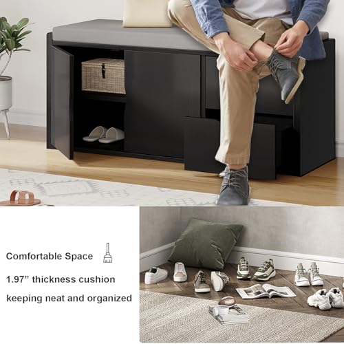 LVB 2-Tier Storage Bench with Padded Seat Cushion Shoe Bench with 2 Drawers | Removable Barn Doors & Adjustable Shelf, Industrial Shoe Bench for Hallway, Bedroom, Living Room,Black Oak, 40 Inch - color: Black Oak