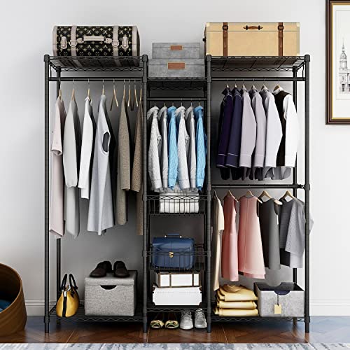 Xiofio Freestanding Heavy Duty Clothes Rack, Wire Clothing Rack with Hanging Rod,Adjustable Shelves & 2 Slid Fixed Baskets,60.7" L x 15.7" W x 75.6" H Max Load 720LBS,Black. - color: Black