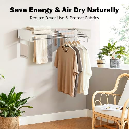 Wall Mounted Drying Rack 32" – Foldable Clothes Drying Rack Wall Mounted, 65 LBS Laundry Rack Wall Mounted, Retractable Clothes Rack for Laundry Room, Indoor & Outdoor Space Saver, 5 Rods, White - color: White