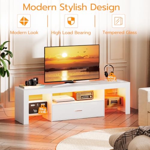 HOOBRO LED TV Stand with Power Outlets to 65 inch TV, Gaming Entertainment Center with Glass Shelves and Large Drawer, Modern Media TV Console Table for Living Room Bedroom, White WT14UDDS01 - color: White, size: 55.1 Inch