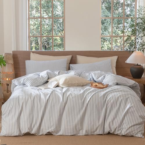 MooMee Striped Duvet Cover Set 100% Washed Cotton Linen Like Twin | Relaxed Linen-like Texture. Soft, Breathable & Long-lasting Comfort. Lightweight. Hidden Zipper with 8 Interior Corner Ties - color: Classic Stripes - Cornflower Blue/ White (No Comforter