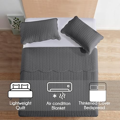 MOONLIGHT20015 Quilt Queen Size (90" x 96") with 2 Pillow Shams (20" x 26"+2") for All Season - 3 Pcs Lightweight Bedding Set Reversible Coverlet Embossed Quilted Bedspread (Charcoal/Dark Grey) - color: Charcoal/Dark Grey, size: Full/Queen