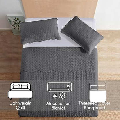 MOONLIGHT20015 Quilt Queen Size (90" x 96") with 2 Pillow Shams (20" x 26"+2") for All Season - 3 Pcs Lightweight Bedding Set Reversible Coverlet Embossed Quilted Bedspread (Charcoal/Dark Grey) - color: Charcoal/Dark Grey, size: Full/Queen