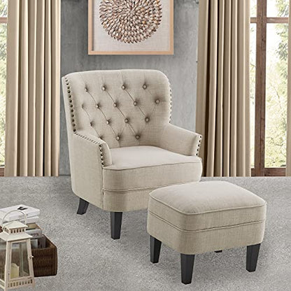 Rosevera Accent Chair with Ottoman Set - Mid-Century Modern Upholstered Armchair for Living Room or Bedroom - Comfy Reading Chair with Footrest, Small Accent Chair - Beige - color: Polyester Natural With Ottoman