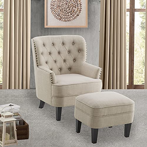 Rosevera Accent Chair with Ottoman Set - Mid-Century Modern Upholstered Armchair for Living Room or Bedroom - Comfy Reading Chair with Footrest, Small Accent Chair - Beige - color: Polyester Natural With Ottoman