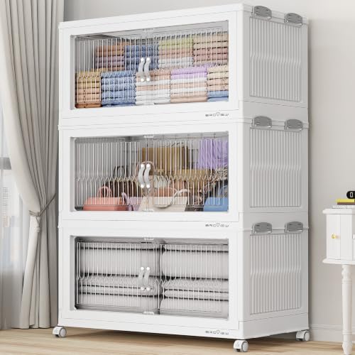 BROVIEW 600QT Extra Large Stackable Storage Bins with Lids, 3Pack White | 150Gal Plastic Collapsible Cabinets Containers, Wheels & PET Doors, Foldable Closet Organizers Drawers for Office, Dorm - color: White, size: 50Gal-3Pack
