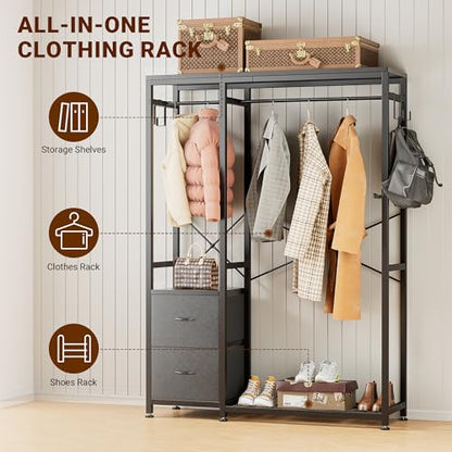 Clothes Rack with 2 Rods, Shelves, Drawers & Hooks, Garment Rack | Clothes rack with 2 hanging rods (50lbs each), 2 shelves, 2 fabric drawers & 4 hooks. 300lb total capacity. Fits small spaces - color: Black