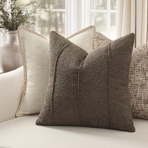 YCOLL Textured Boucle Throw Pillow Covers 24x24 Pack of 2 - Soft Neutral Striped Cushion Covers, Cozy Accent Decorative Pillow Covers for Couch, Sofa, Bed, Living Room (Brown) - color: Brown, size: 24" x 24" (Pack of 2)