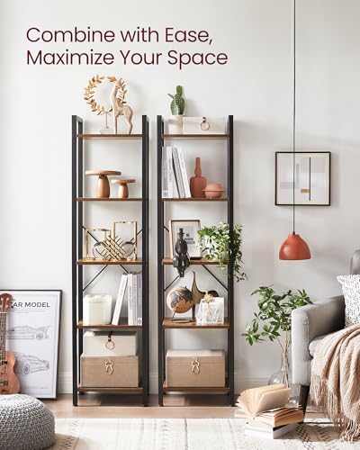 VASAGLE 5-Tier Bookshelf, Bookcase with Steel Frame, Book Shelf for Living Room, Home Office, Study, 11.8 x 15.7 x 60.2 Inches, Industrial Style, Rustic Brown and Ink Black ULLS100B01 - color: Rustic Brown + Ink Black, size: 5 Tiers (11.8"D x 15.7"W x 60.