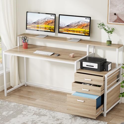 Tribesigns 63 Inch Computer Desk with File Drawer Cabinet, Home Office Desk | Ergonomic Office Desk with Monitor Stand, Industrial Computer Table with Printer Space, PC Table Workstation Desk - color: Walnut