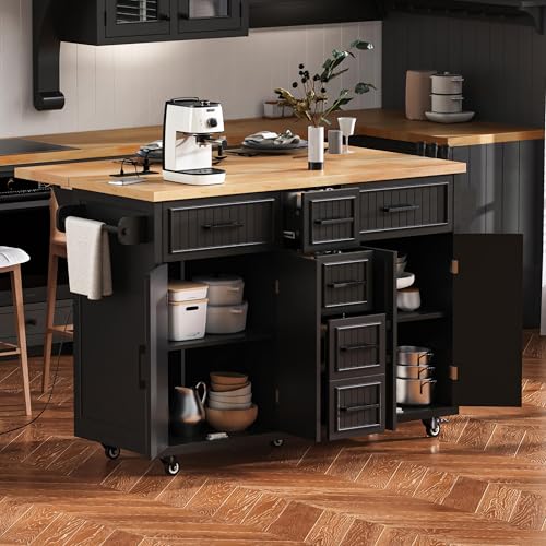56.5'' Kitchen Island with Drop Leaf, Power Outlet, Embossed Vertical Stripe Rolling Kitchen Cart on Wheels with Deep Drawers and Adjustable Shelves (Black/D) - color: Black/D)