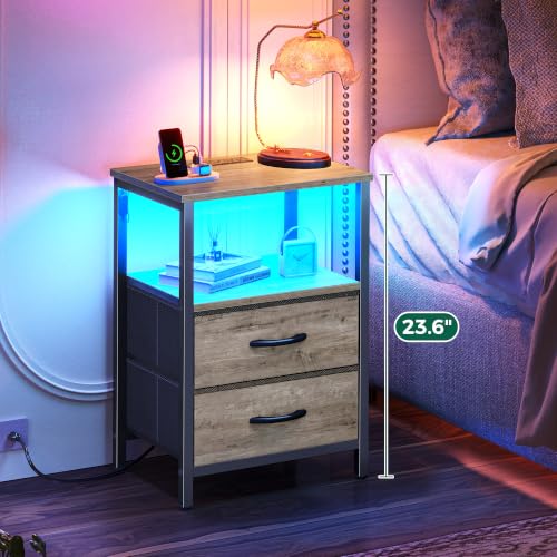 Huuger Night Stand with Charger Station and LED Lights, 2 Drawer Nightstand | Bed Side Table with Open ShelfEnd TableFabric Drawers for Bedroom, Oak - color: Oak, size: 11.8"D x 15.7"W x 23.6"H（2 Drawers）
