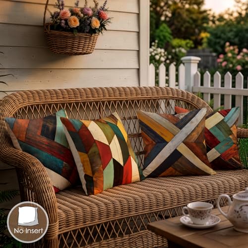OBSEDE Retro Wood Grain Geometric Throw Pillow Covers 18 x 18 Inch Set of 4 | Faux Linen, Hidden Zipper, Rustic Country Style, Vintage Texture, Fade Resistant Print, for Living Room Sofa, Single Side - color: Retro Woodgrain Geometric Art, size: 18" x 18"