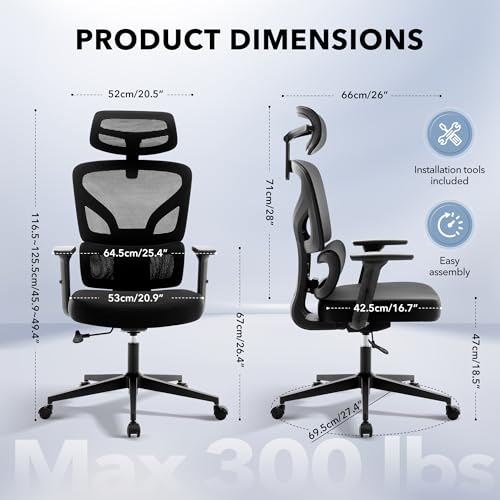 Ergonomic Office Chair Mesh – Adjustable Lumbar 3D Armrests High-Back Desk | Breathable Mesh Backrest; Seat Height & Tilt-Angle Adjustment; Smooth-Rolling Casters; Easy To Assembly, For Home, Office - color: Black-p