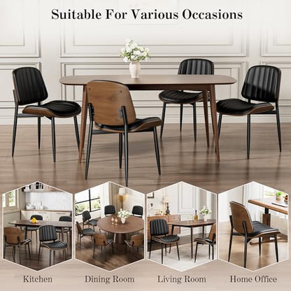 Dining Chairs Set of 2, Mid-Century Modern Upholstered PU Leather Chairs | with Walnut Bentwood Back and Metal Legs Adjustable Feet for Kitchen Dining Living Room, Dark Black Vertical Stripes - color: Dark Black Vertical Stripes