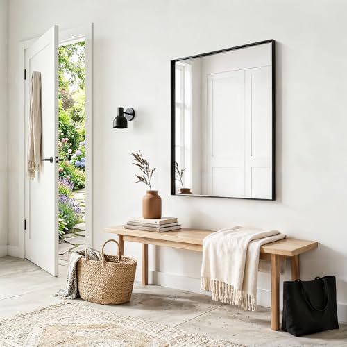 48x36 Black Bathroom Mirrors for Over Sink, Wall Mounted Bathroom Vanity Mirror, HD Distortion-Free Tempered Glass, Anti-Rust Brushed Matte Aluminum Alloy Frame, Horizontal or Vertical Hanging - size: 48"L x 36"W