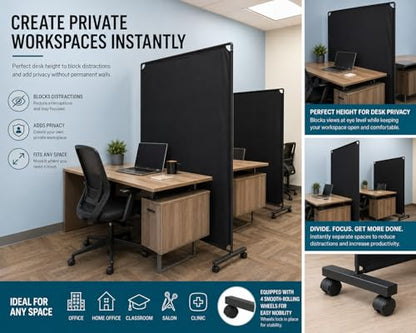 Rolling Room Divider with Wheels, Portable Privacy Screen Partition Wall, Freestanding Office Divider Panel, Non-See-Through Fabric, Locking Casters for Office Home Classroom Clinic, 50" W x 71" H - color: Black