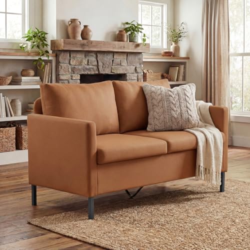 TYBOATLE Brown Faux Leather Small Couch Loveseat, 2-Seater Sofa | Love Seat, Small Sofa, Comfy Upholstered Design, Living Room, Bedroom, Dorm, Apartment, Office, Compact Spaces - color: Brown