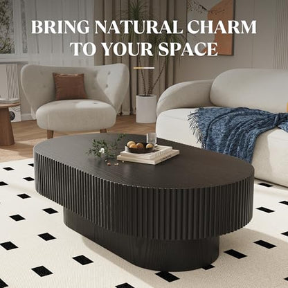 YOUDENOVA 43.7” Oval Coffee Table, Modern Wood Fluted Coffee Table for Living Room, Veneer Handcrafted Relief Center Table with Sturdy Pedestal，Easy Assembly - Black - color: 43.7" Black-oval