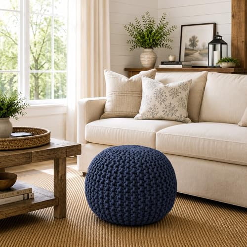 Casafield Round Pouf Ottoman, Navy Blue - 20" Diameter x 14.5" High Cotton Knit Foot Stool - Boho Floor Pouffe for Living Room, Bedroom, Home Office - color: Navy Blue, size: 20"D x 20"W x 14.5"H