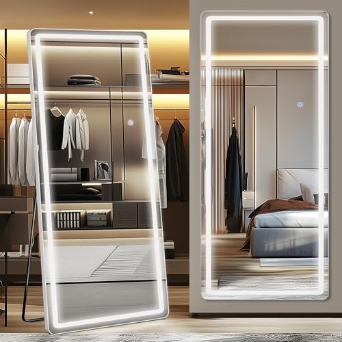 Antok LED Full Length Mirror with Light, 71"x32" Lighted Full Body Mirror with Stand, Dimmable & 3 Color Lighting Standing/Leaning/Wall Mounted Vanity Mirror for Bedroom Cloakroom Livingroom(Rect) - size: 71"L x 32"W, style: Rect Style