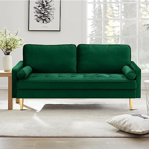 67" Modern Velvet Loveseat Sofa Couch, Mid-Century Tufted Upholstered Small Love Seat Couch with 2 Pillows & 4 Golden Legs, 2-Seats Couches for Compact Space, Living Room, Apartment (Emerald) - color: Emerald