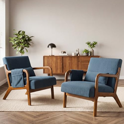DUMOS Accent Chairs Set of 2, 17'' Seat Height Armchair with Side Pocket | Upholstered Small Side Chair with Waist Cushion and Wood Frame for Living Room, Bedroom, Reading Nook, Navy Blue - color: Navy Blue, size: 2 PC