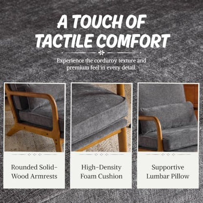 Karl home Mid-Century Modern Accent Reading Chair, Grey | Chenille Upholstered, Solid Wood Frame, Soft Cushion, Lumbar Pillow, Lounge Armchair for Living Room, Bedroom, Balcony, Study - color: Chenille Gray