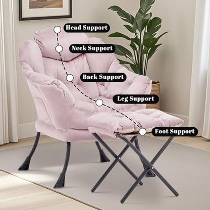 Lazy Chair with Ottoman, Comfy Reading Chair, Pink | Cushioned Seat with Foldable Ottoman and Side Pocket, Lounge Chair for Bedroom, Living Room, Dorm and Small Spaces - color: Light Pink