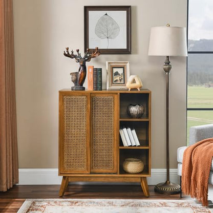 Mid Century Modern Small Rattan Sideboard Buffet Storage Cabinet | Real Wood Veneer Mid Century Storage Cabinet with Rattan Sliding Doors,Boho Bar Cabinet,Small Sideboard Buffet,Light Walnut - color: Light Walnut