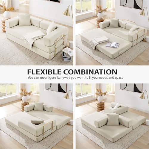 HANXIN 78 Inch Convertible Sleeper Sofa Bed, Folding Floor Mattress Couch with Fixed-Shape Frame, Futon Boneless Couch Lounge Loveseat with Pull Out Bed, No Assembly Required (Beige) - color: Beige, size: 78" Loveseat Sofa Bed