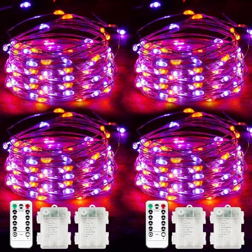 Halloween Fairy Lights Battery Operated 100 LED 33FT 4 Pack Orange Purple | Timer, 8 Modes, Remote Control, Brightness Adjustable Waterproof Twinkle Lights for Indoor Outdoor Party Cpreepy decorations - color: Orange Purple, size: 4 Pack