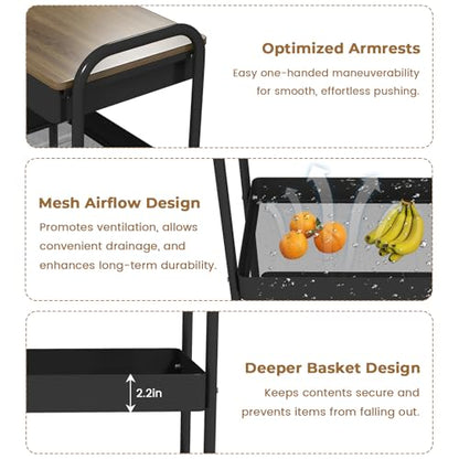 Rolling Cart with Drawers, Black Storage Cartwith Locked Wheels, Hooks & Hanging Cups for Any Room - color: Black