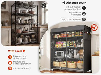 REIBII 45"W 5-Tier Storage Shelves with Cover & Wheels, 1100 lbs for pantry | 17.7''Dx72.8''H, UV/Waterproof zippered cover, Side pockets, Wheels lockable&removable, Height adjustable, Tool-free, Garage - size: 45" W x 17.72" D x 72.83" H