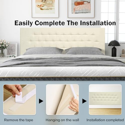 Upholstered Headboard King Size, 75" x 23" Easy No-Tools Wall Mounted Bed Headboards, Modern Linen Button Diamond Tufted Design, Beige - size: 75"x23"