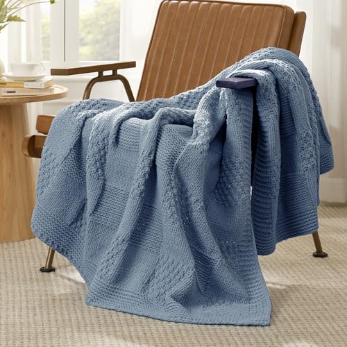 Knit Throw Blanket, Soft Chenille Cozy Breathable Checkered Chunky Decorative Blanket for Couch, Bed & Sofa, French-Inspired Lightweight Warm Gift for Women, Washed Blue, 50"x60" - color: Checkered Washed Blue, size: Checkered Knit 50"x60"