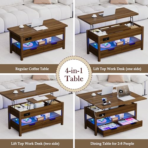 40" Lift Top Smart Coffee Table for Living Room | Power Outlets, LED Lights, Lifting Top, Storage Drawers & Compartments, for 4-6 People, Walnut - color: Walnut