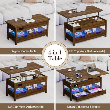 40" Lift Top Smart Coffee Table for Living Room | Power Outlets, LED Lights, Lifting Top, Storage Drawers & Compartments, for 4-6 People, Walnut - color: Walnut