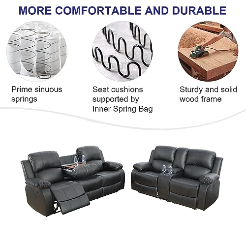 A Ainehome Living Room Furniture Set Leather Recliner Sofa Set Loveseat Chair Furniture Sofa Set for Living Room/Small Space/Rv/House/Office/Theater Seating (A-Black Leather, Sofa+Loveseat) - color: Black Leather, size: Sofa+Loveseat